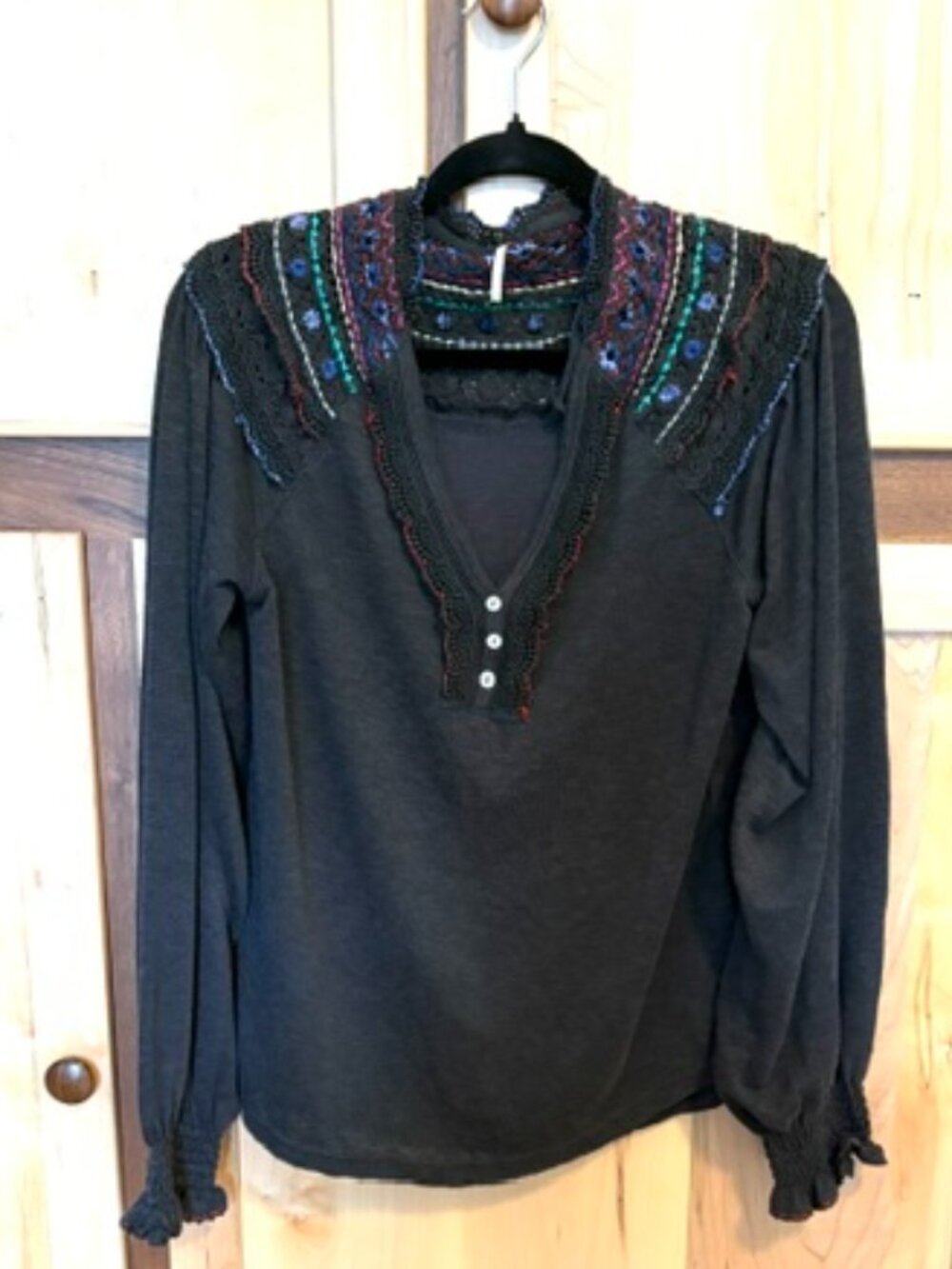 Free People Black Long Sleeve Embroidered Top in size XS
